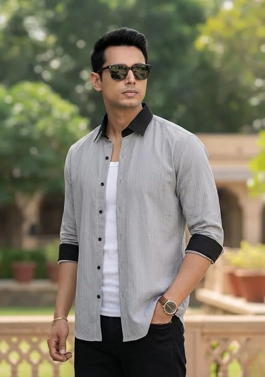 OnZones Men's Contrast Striped Casual Shirt | Regular Fit Full Sleeve | Grey