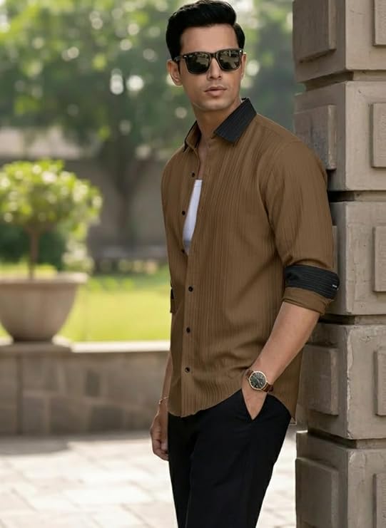 OnZones Men's Contrast Striped Casual Shirt | Regular Fit Full Sleeve | Brown