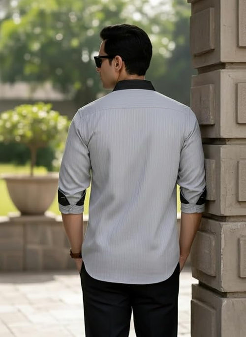 OnZones Men's Contrast Striped Casual Shirt | Regular Fit Full Sleeve | Grey
