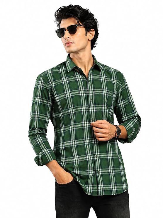 OnZones Men's Green Plaid Check Shirt | Regular Fit Full Sleeve